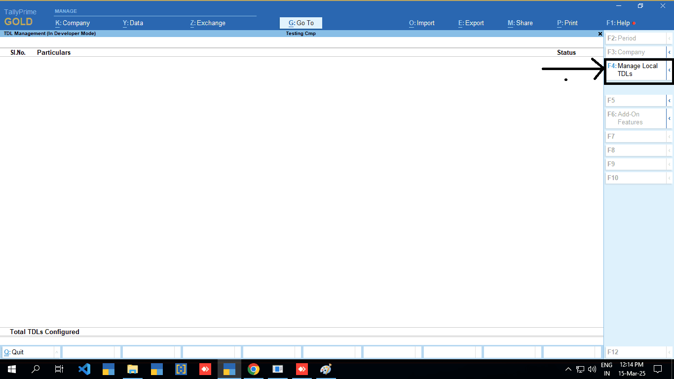 Tally's TDL Management screen, with an arrow pointing to F4: Manage Local TDLs.